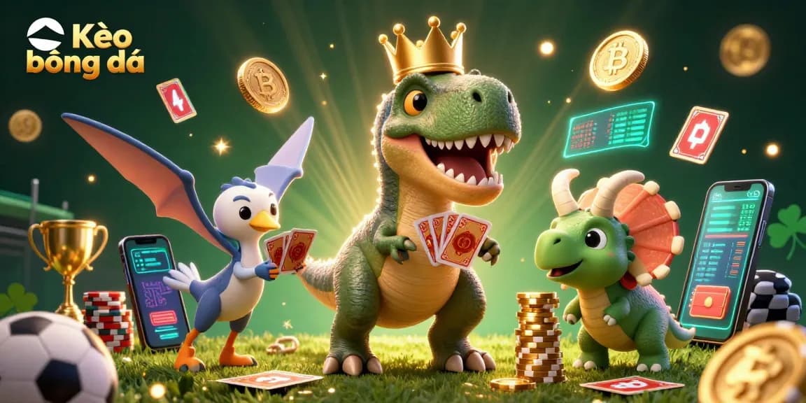 Betting on Kèo bóng đá with friendly cartoon dinosaurs shuffling cards together in a vibrant casino atmosphere.