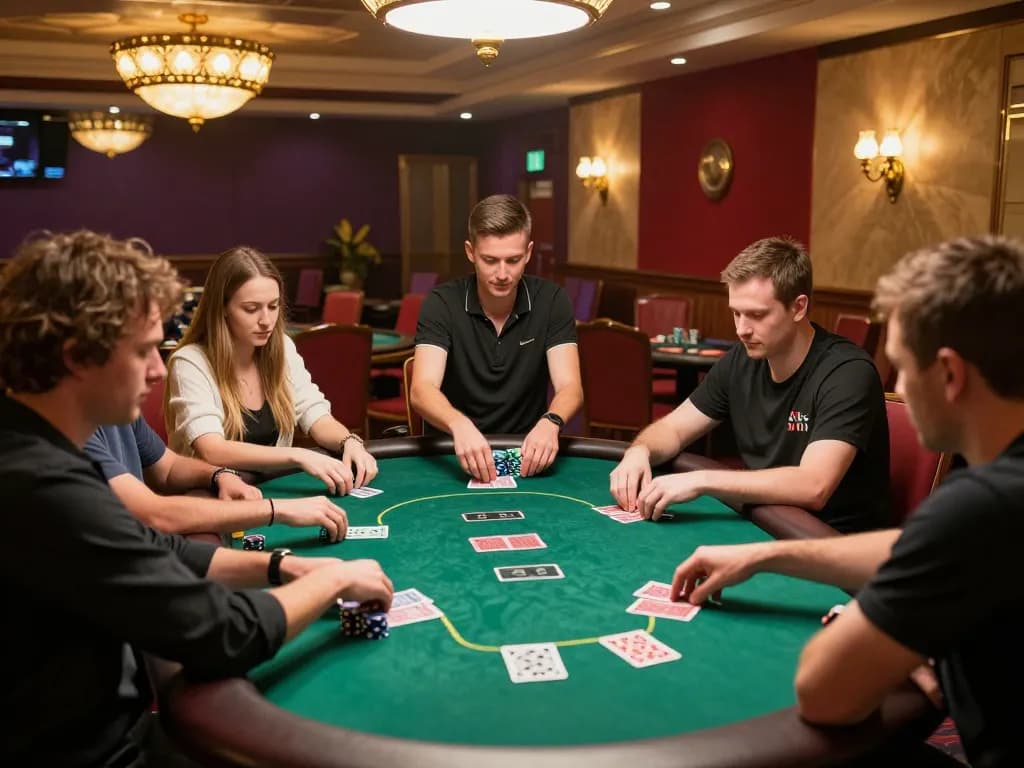 Players strategizing in a poker game at https://123bz.uk.net/, showcasing competitive ambiance and dealer action.