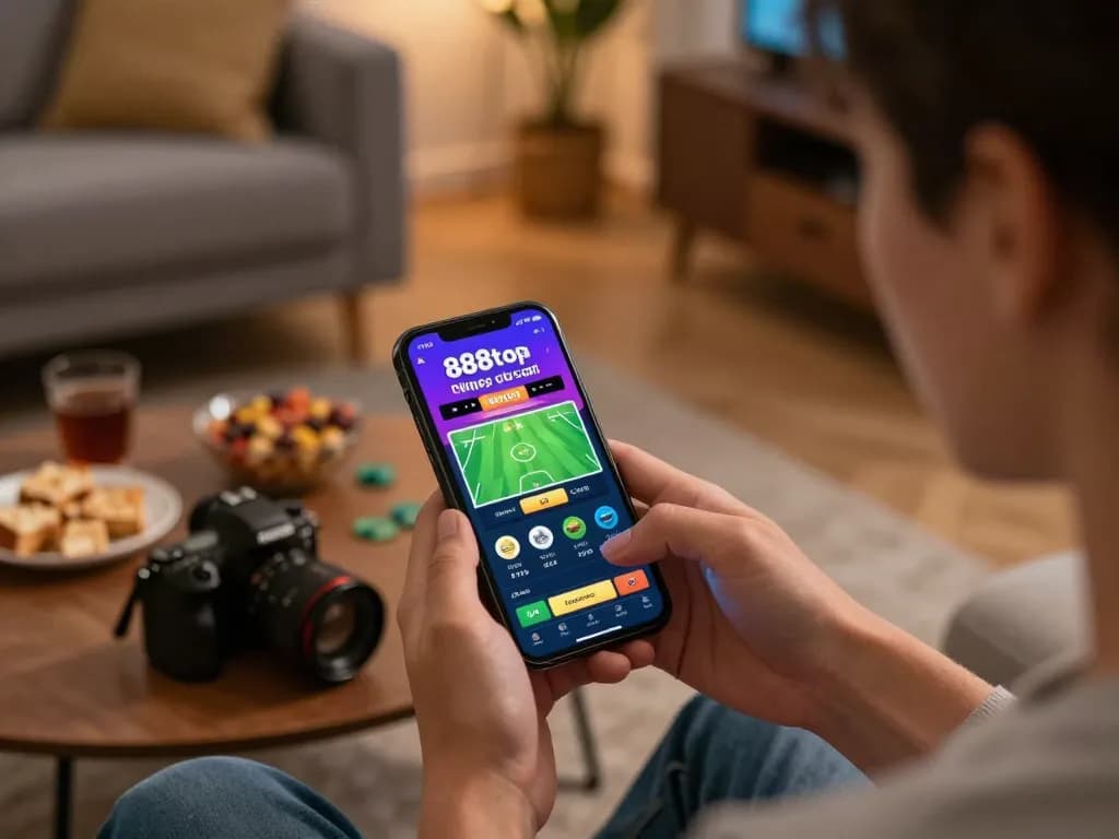 Betting on 888top com app with smartphone in cozy living room, engaging sports action.