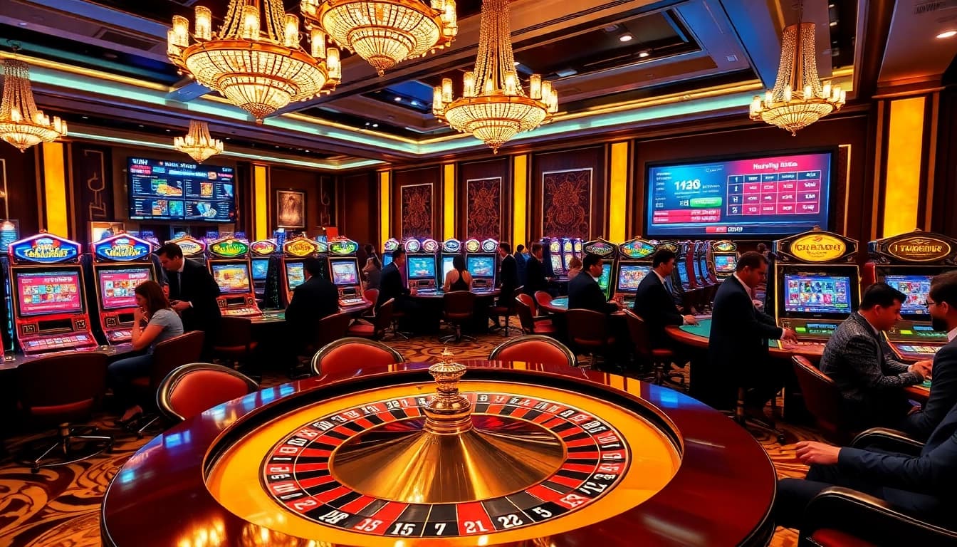 Players enjoying high-stakes gaming at a luxury casino featuring tr88 vip tables and vibrant slot machines.