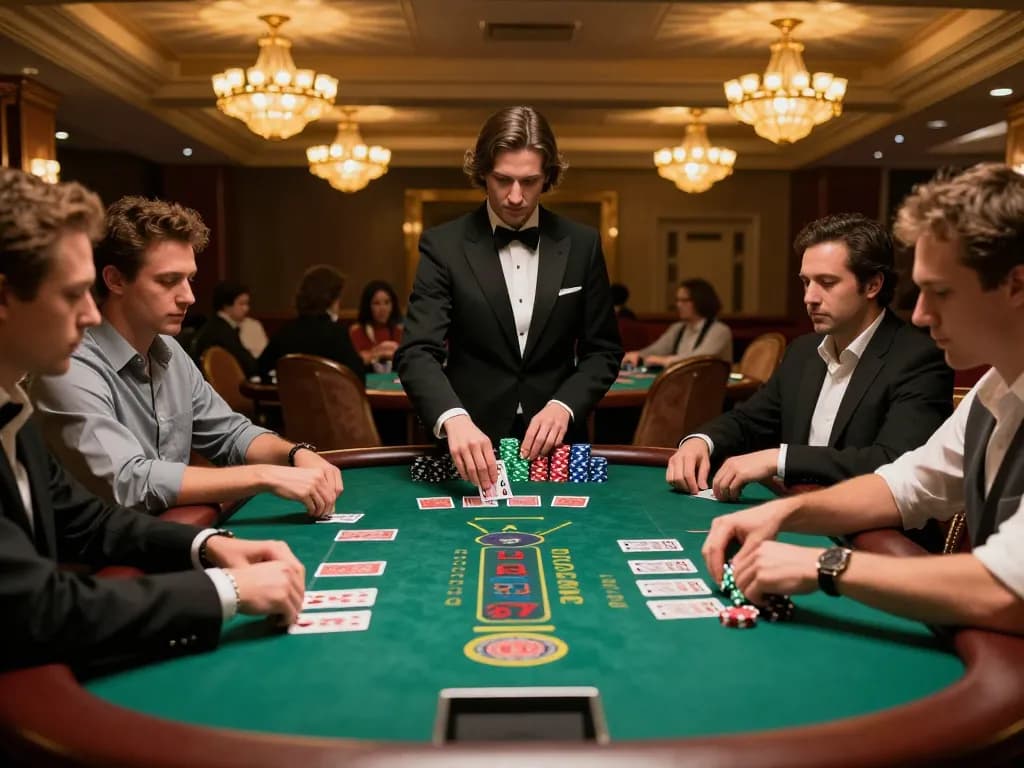 Engaging blackjack game at nhà cái jun88 with focused players and dynamic dealer action in a luxurious atmosphere.