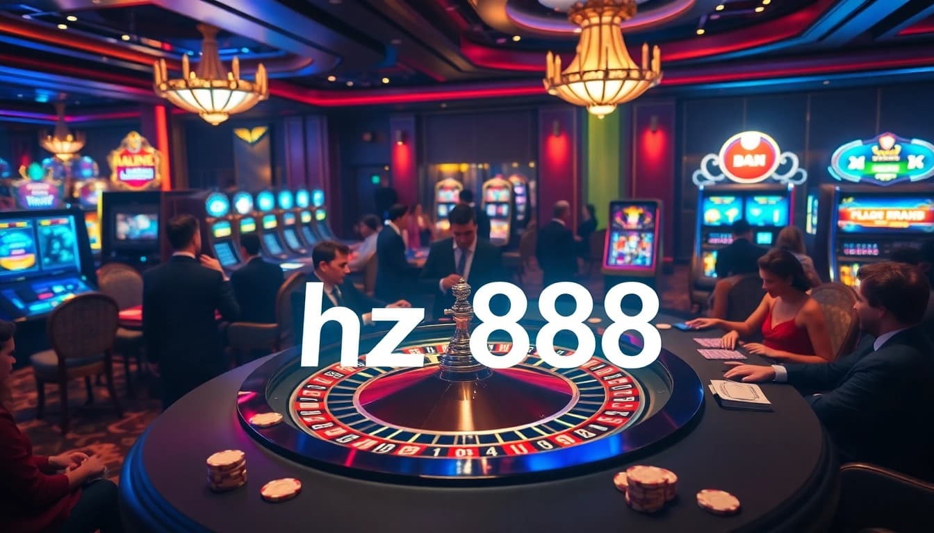 Experience the excitement of gambling at HZ888 with vibrant casino visuals filled with roulette wheels and slot machines.
