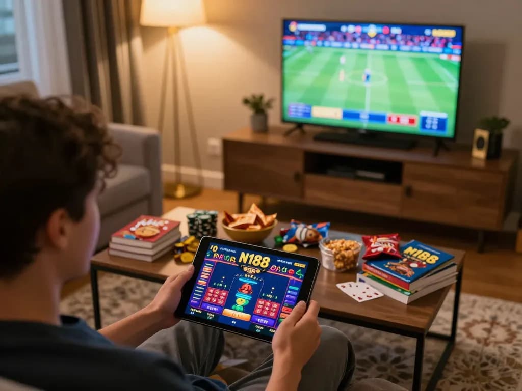 Engaging in N188 game at home with snacks and live sports, creating a vibrant gaming atmosphere.