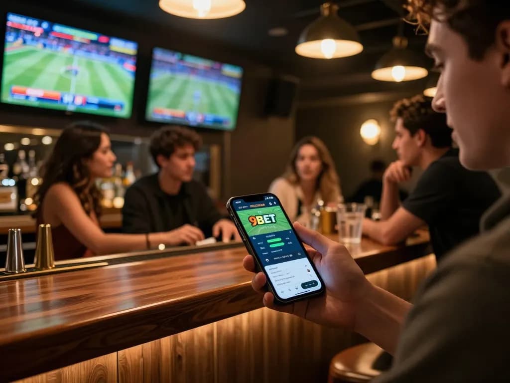 Engaged sports bettor placing bets on the 9BET app in a lively bar setting.