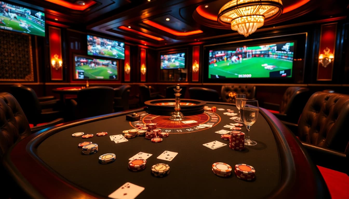 Experience the excitement of gambling at a vibrant poker table with vaoluoi tv screens illuminating the scene.