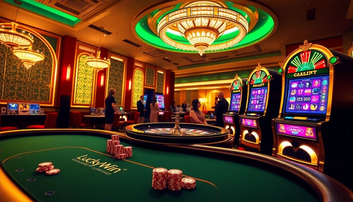 Exciting gambling scene with LuckyWin branding featuring a poker table and vibrant slot machine.