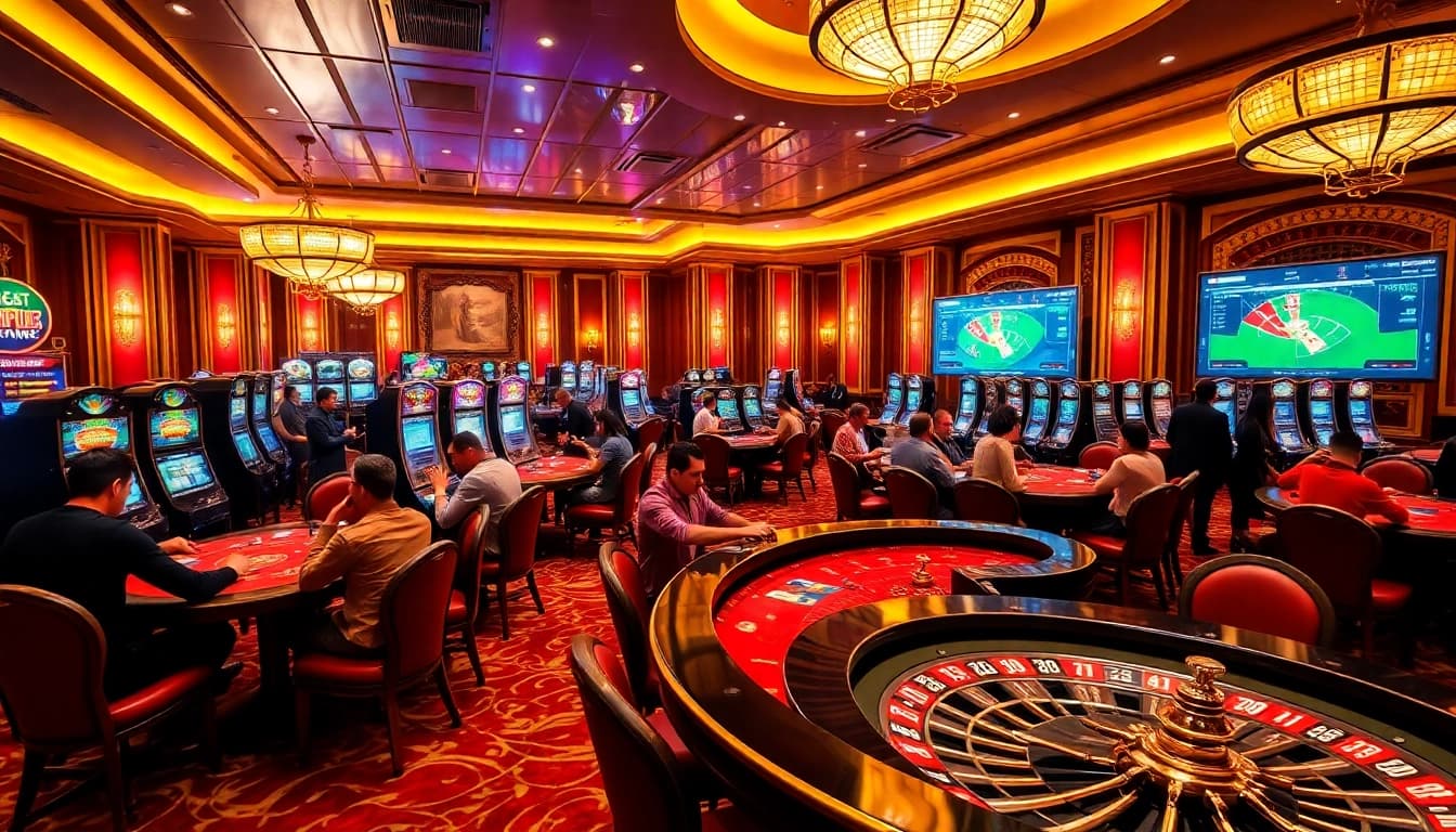 Exciting gaming atmosphere at c54.gb.net with vibrant casino tables and slot machines.