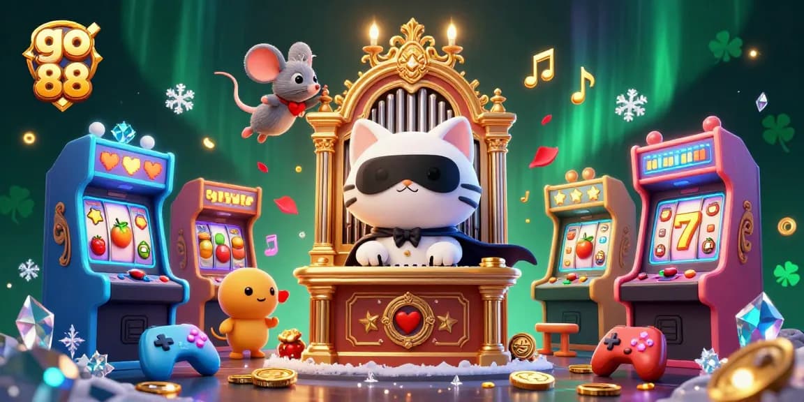 Engage with go 88's lively casino scene featuring a white cat at an organ, arcade machines, and vibrant slot elements.