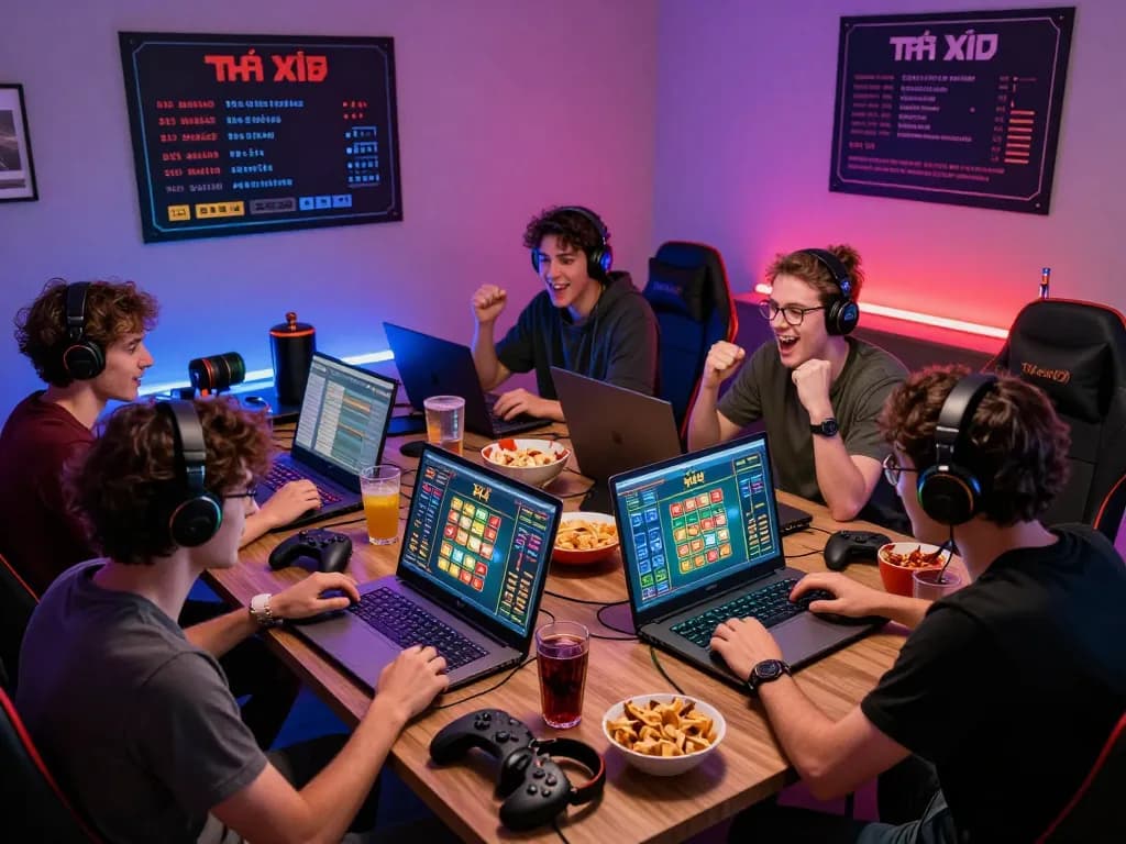 Group of friends playing tài xỉu md5 online, enjoying a lively gaming experience with snacks and vibrant LED lights.
