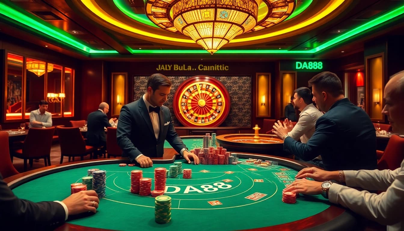 Players strategizing around a poker table with vibrant DA88 betting slips and chips.