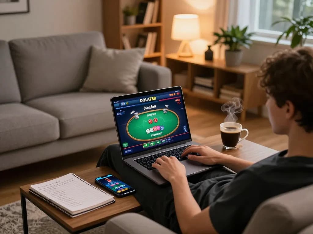 Engaging in strategic online gambling with đăng nhập DOLA789 on a laptop in a cozy home setting, highlighting responsible play.