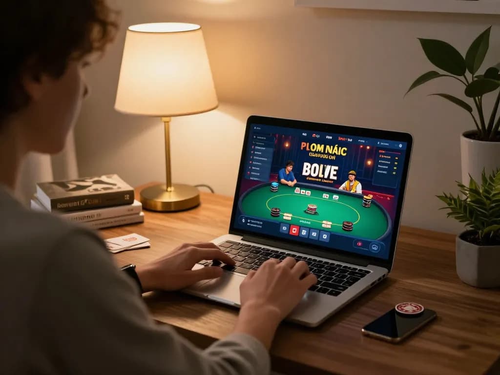 Engaging in online poker through okking1 platform with cozy home setup.