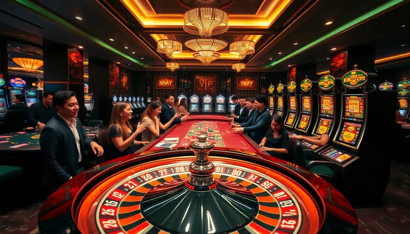 Players enjoying thrilling games at 789winn casino, featuring vibrant slots and poker tables.