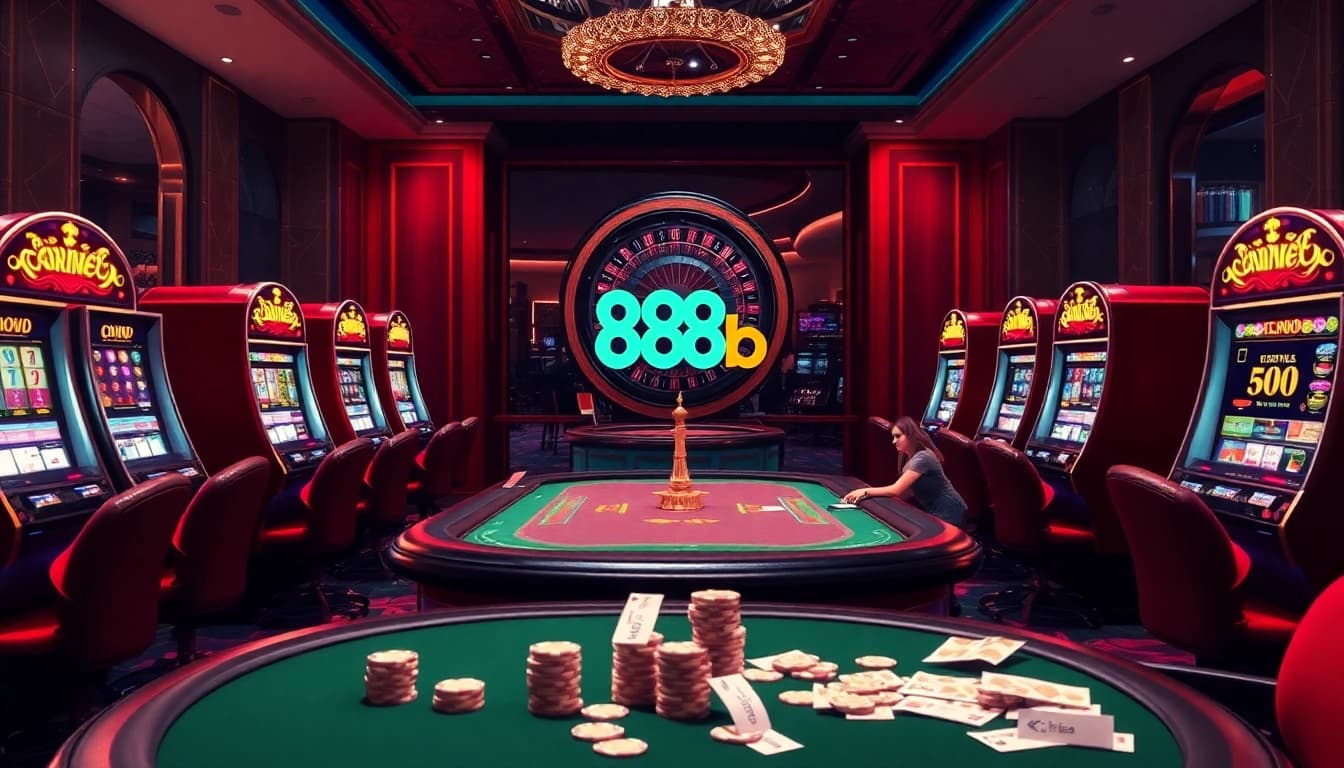Excited gamblers at the 888b casino table enjoying poker and slots.