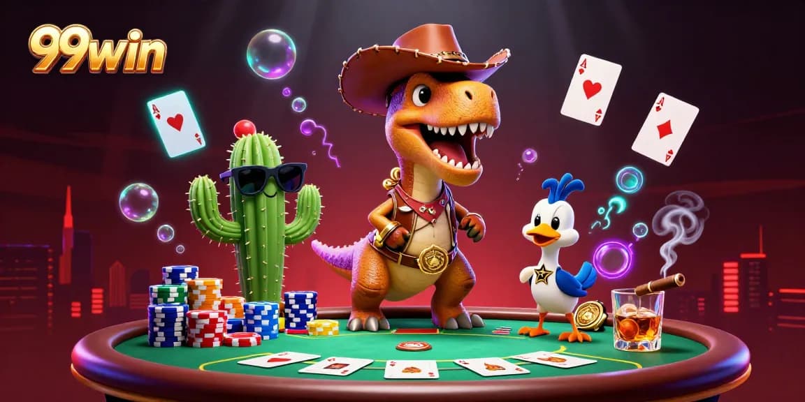 Engage with the vibrant world of 99win, showcasing a cowboy T-Rex and his gambling adventure.