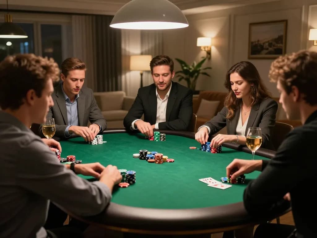 Players engaging in strategic poker night at home with va88 chips and drinks in a cozy atmosphere