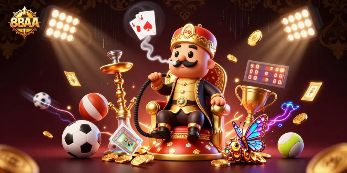 Experience 88AA's vibrant online casino action through a dynamic 3D illustration filled with interactive gaming elements.