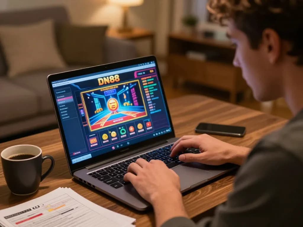 Engage in đăng nhập DN88 on a laptop while enjoying a cozy online gaming experience in an inviting atmosphere.