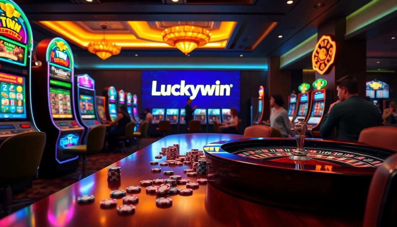 Luckwin casino excitement with vibrant games, luxurious decor, and players engaging in thrilling action.