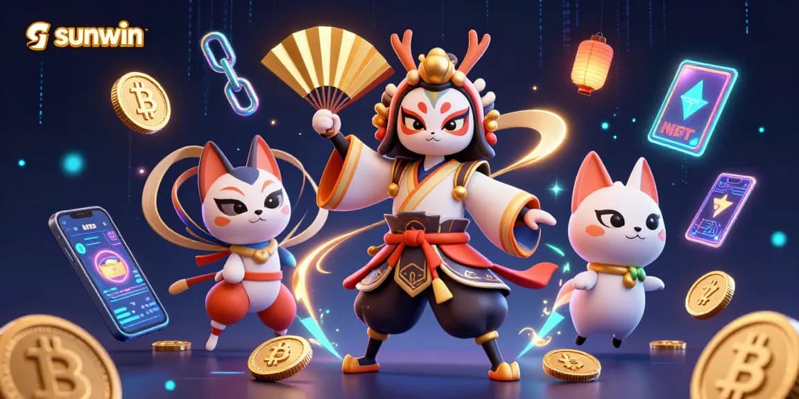 Engage with sunwin's vibrant casino world featuring a kabuki warrior and crypto elements.