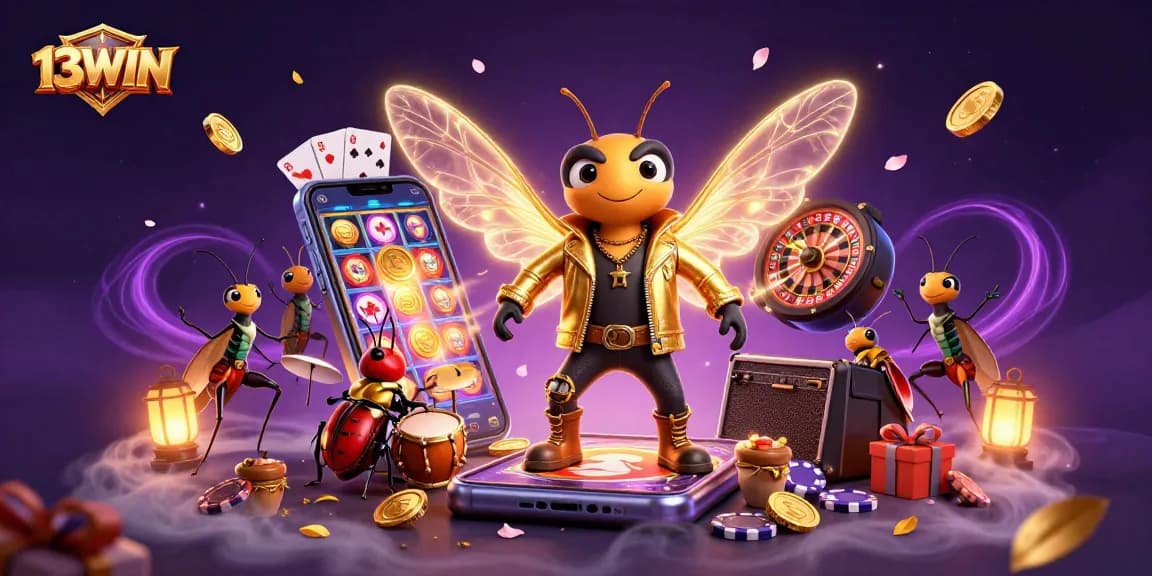Engage with 13WIN's 3D immersive casino adventure scene featuring cartoonish characters and vibrant gaming elements.