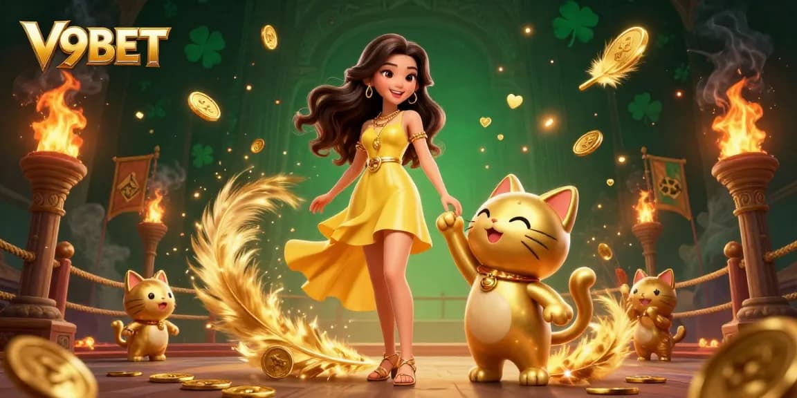 Immerse in the vibrant V9BET casino experience with a joyful woman and golden lucky cat.