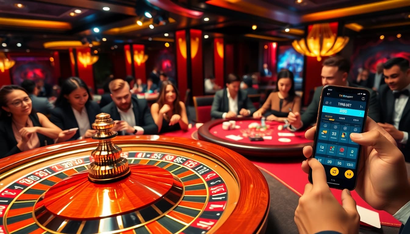 Players engaged in the TR88 bet experience, enjoying an upscale casino atmosphere with roulette and cards.