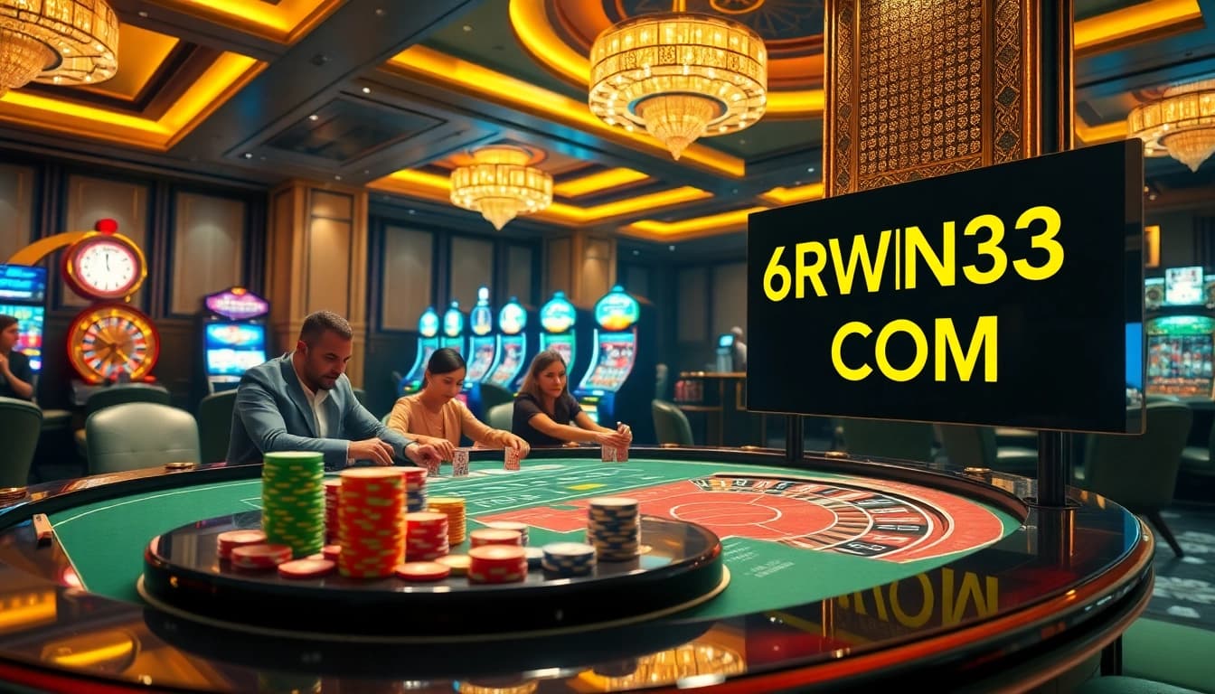Players strategizing at a casino table, engaging with 6RWIN33 COM for thrilling gaming experiences.