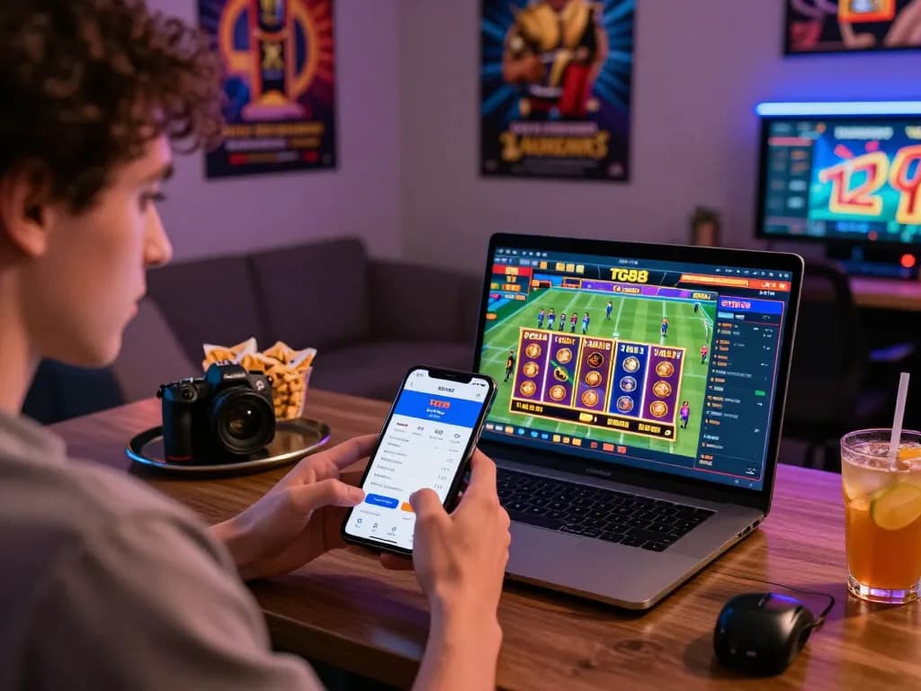 Engaging TG88 online gambling experience with mobile betting, vibrant gaming graphics, and cozy atmosphere