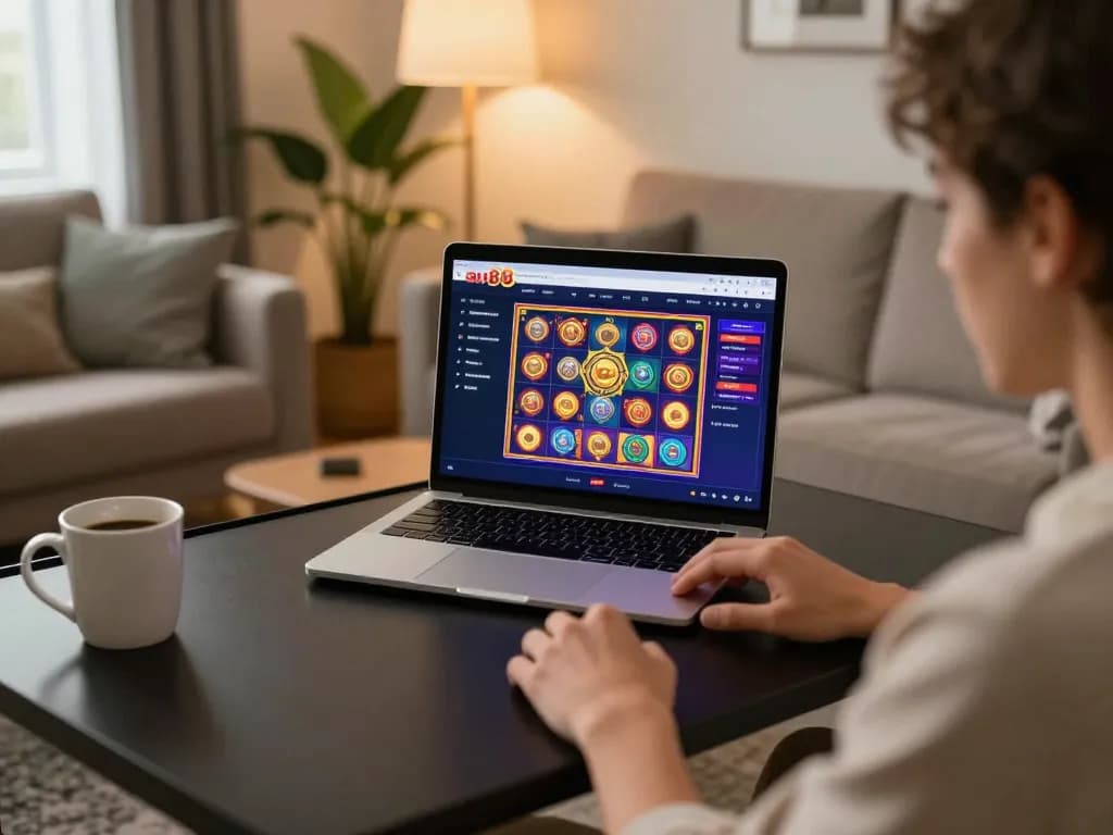 Person playing slots on au88 net in a cozy home environment, showcasing responsible online gambling