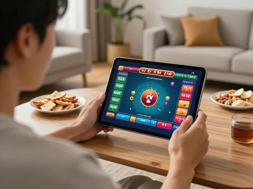Tai xỉu online gameplay displayed on a tablet in a cozy living room, highlighting immersive betting options and colorful graphics