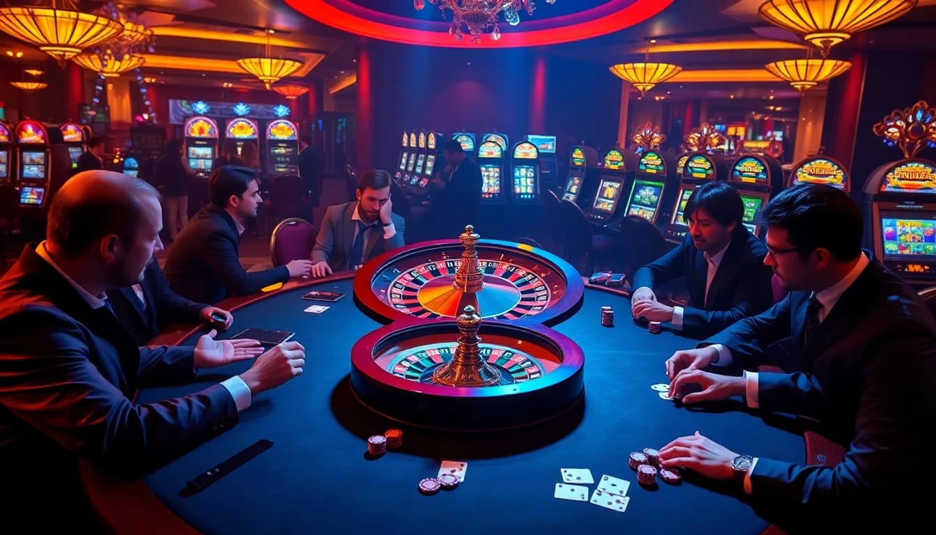 Experience excitement with sunwin playing at a luxurious casino roulette table filled with vibrant chips and cards.