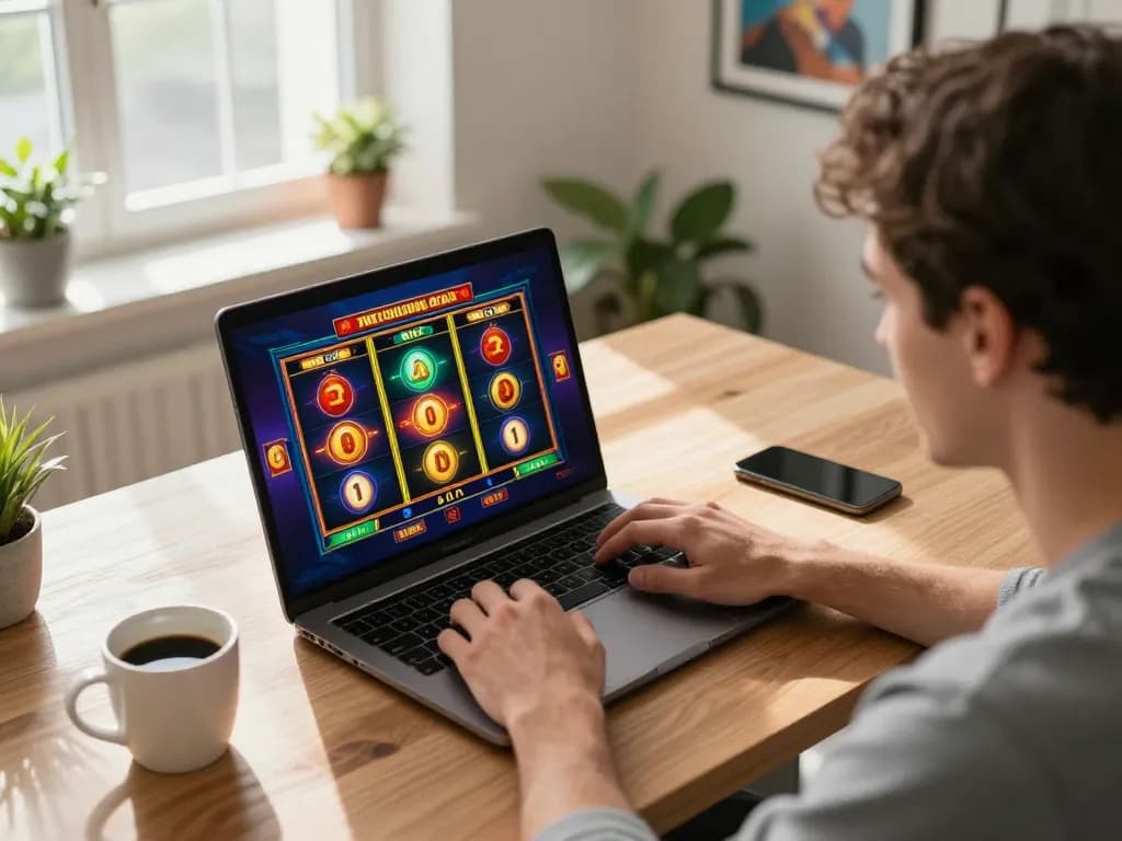Pemain yang terlibat dalam permainan situs slot di rumah, mengalami momen kemenangan di laptop yang ramping.