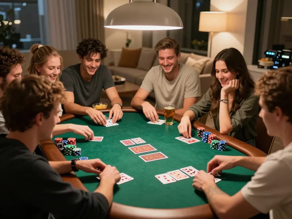 Friends playing poker at home showcasing strategic gameplay with man88ink as the focus.