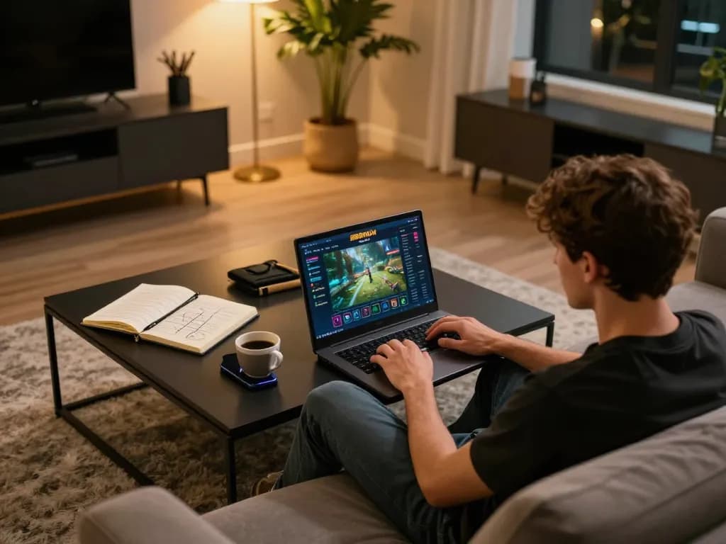 Player enjoying an online gaming session on 888NOW, showcasing strategic gameplay in a cozy home setting