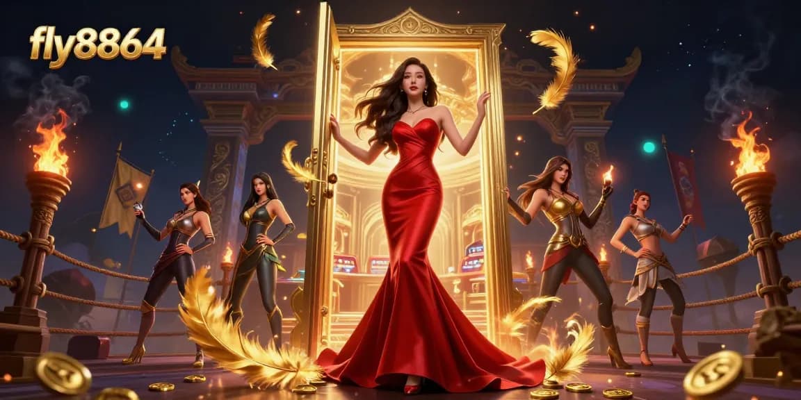 Experience thrill at fly8864 with a stunning Asian woman in a VIP casino doorway, surrounded by luxury elements.