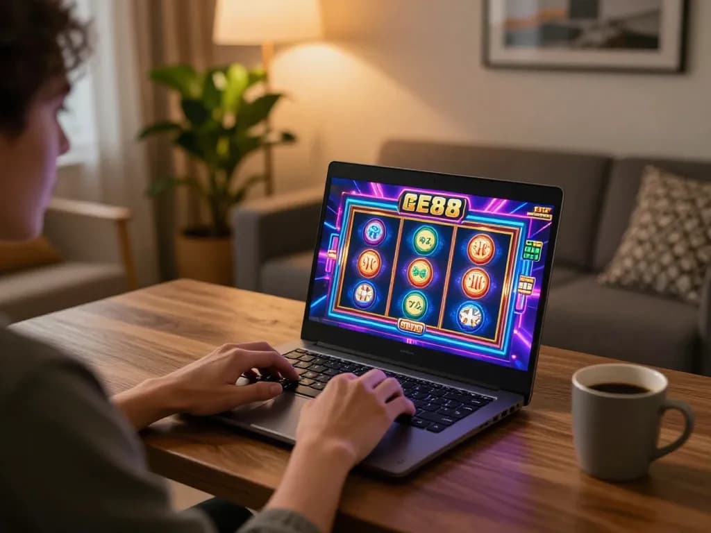 Person enjoying ee88's online gaming experience on a laptop in a cozy home setting