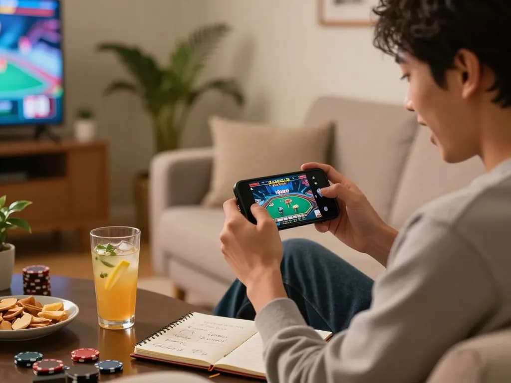 Engaging in intense gameplay on KUWIN. COM through smartphone in cozy home setting.