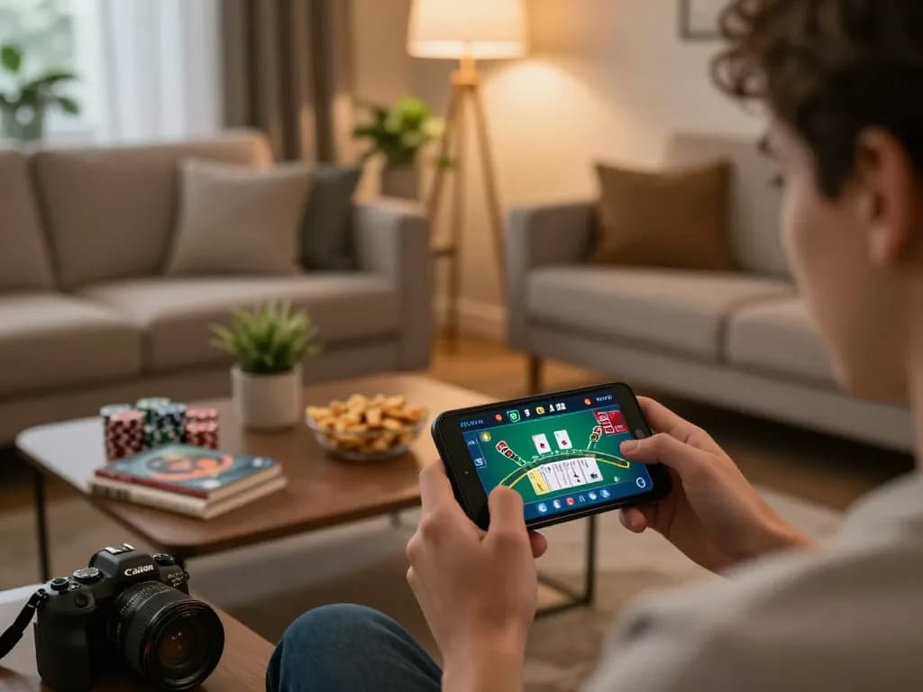 79king user engaging with live dealer Blackjack game on smartphone in cozy home setting.