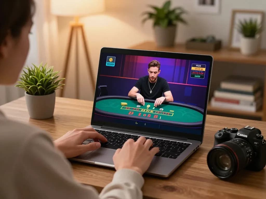 Experience online gaming with KJC365 as a player engages with a live dealer game on their laptop.