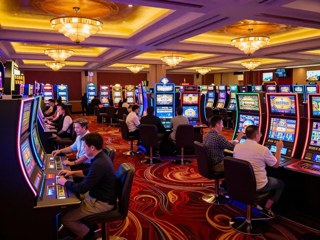 Hitclub players celebrating wins at a vibrant casino floor with colorful slot machines.