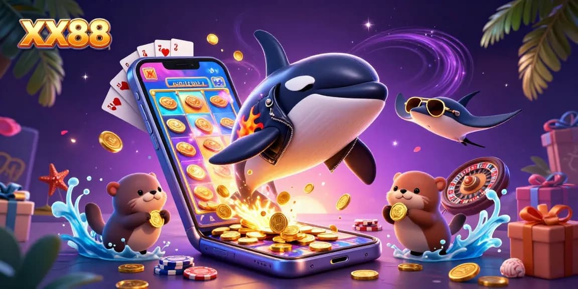 Engage with the excitement of XX88 through vibrant 3D casino elements featuring an orca and otters.