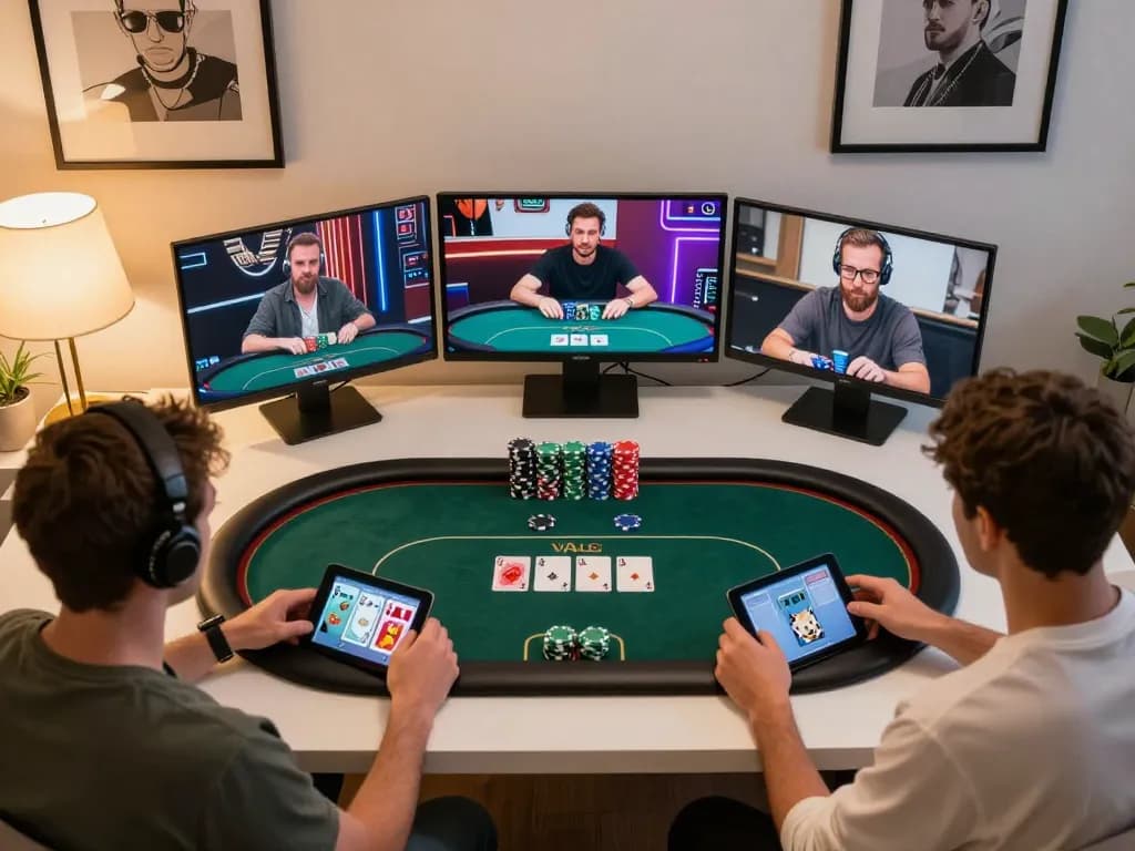 KAYA88 players strategizing in an online poker game on a cozy home setup, showcasing dynamic gaming.