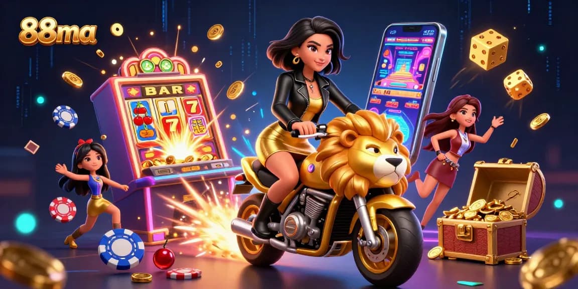 Experience thrilling wins at 88ma with a glamorous woman riding a golden lion casino mascot amidst jackpot excitement.
