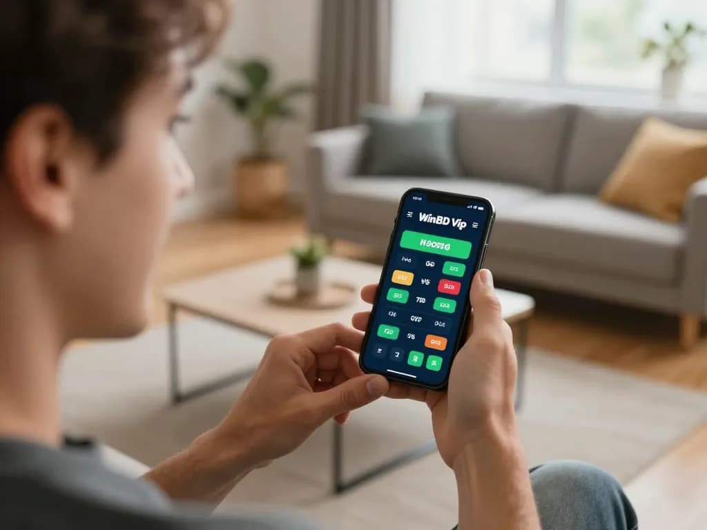 Exciting moment of placing bets on the WinBD Vip app during a sports event from a cozy home