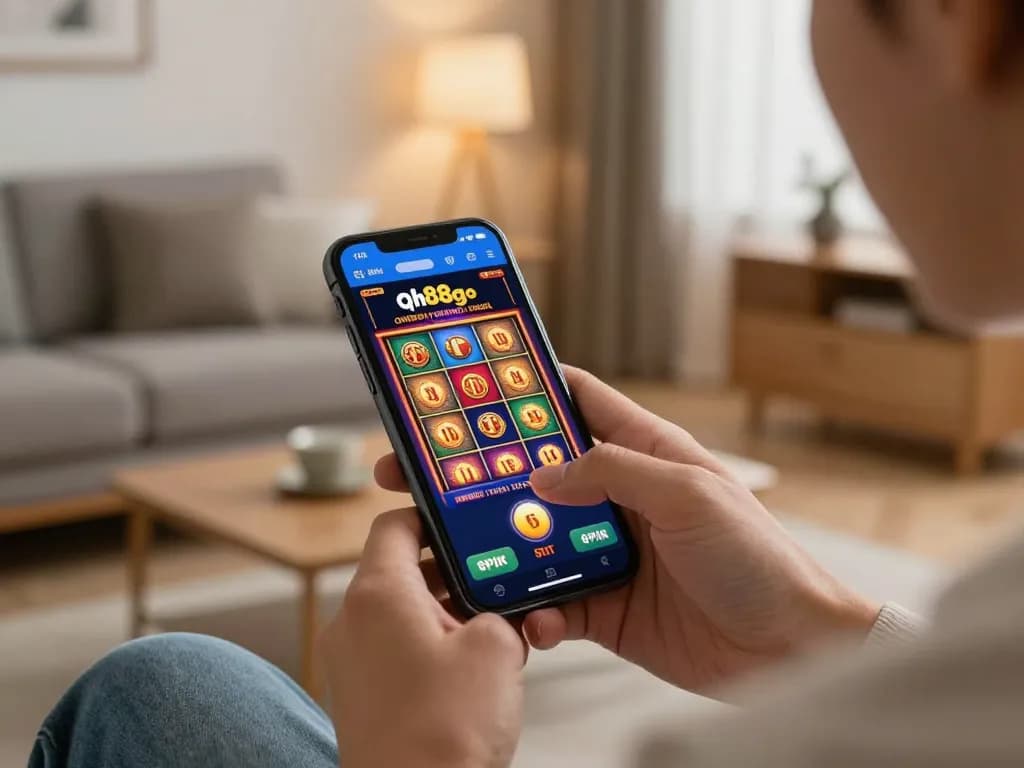 Playing on qh88go slot machine app on smartphone in a cozy home setting.