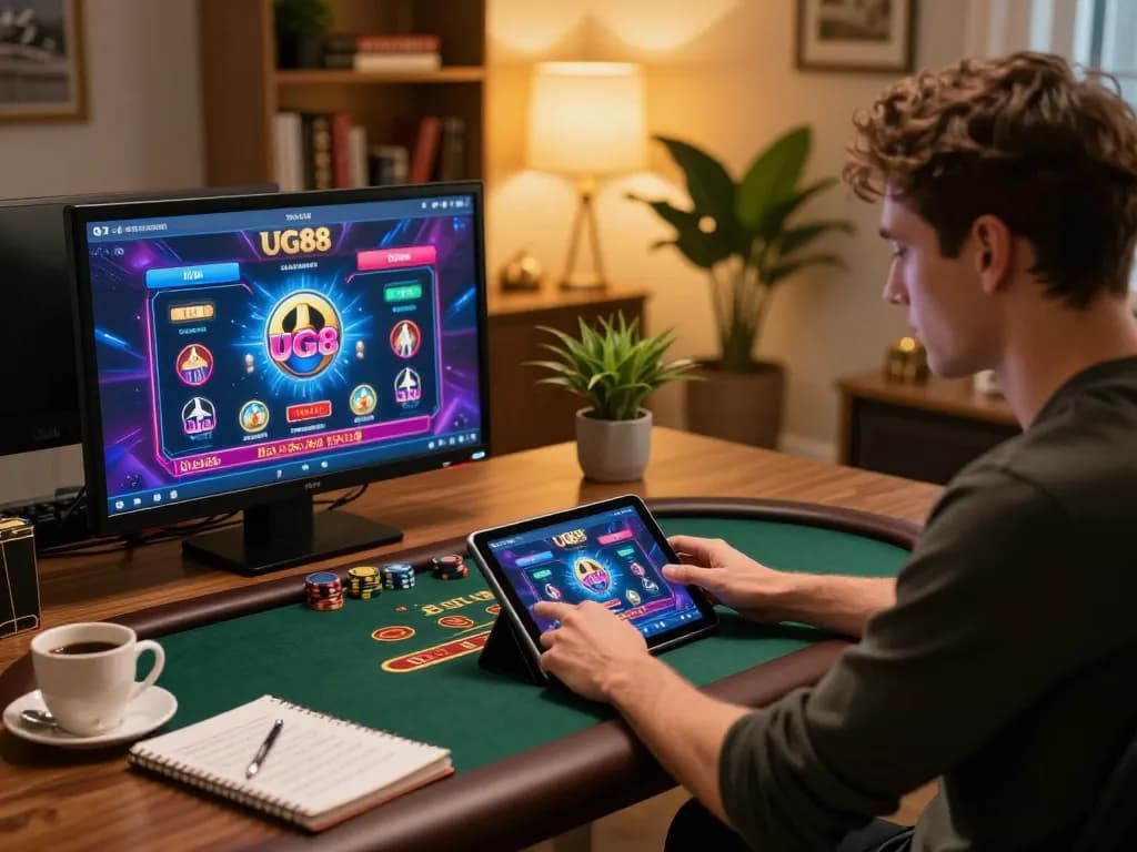 Player engaging in online gambling at UG88 with tablet in a cozy home setup