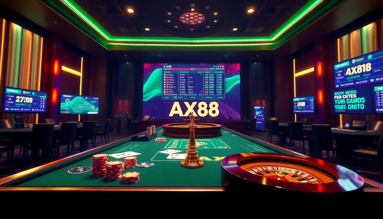 Experience luxury gambling at https://ax88.bid/ with a vibrant casino scene showcasing poker and roulette.