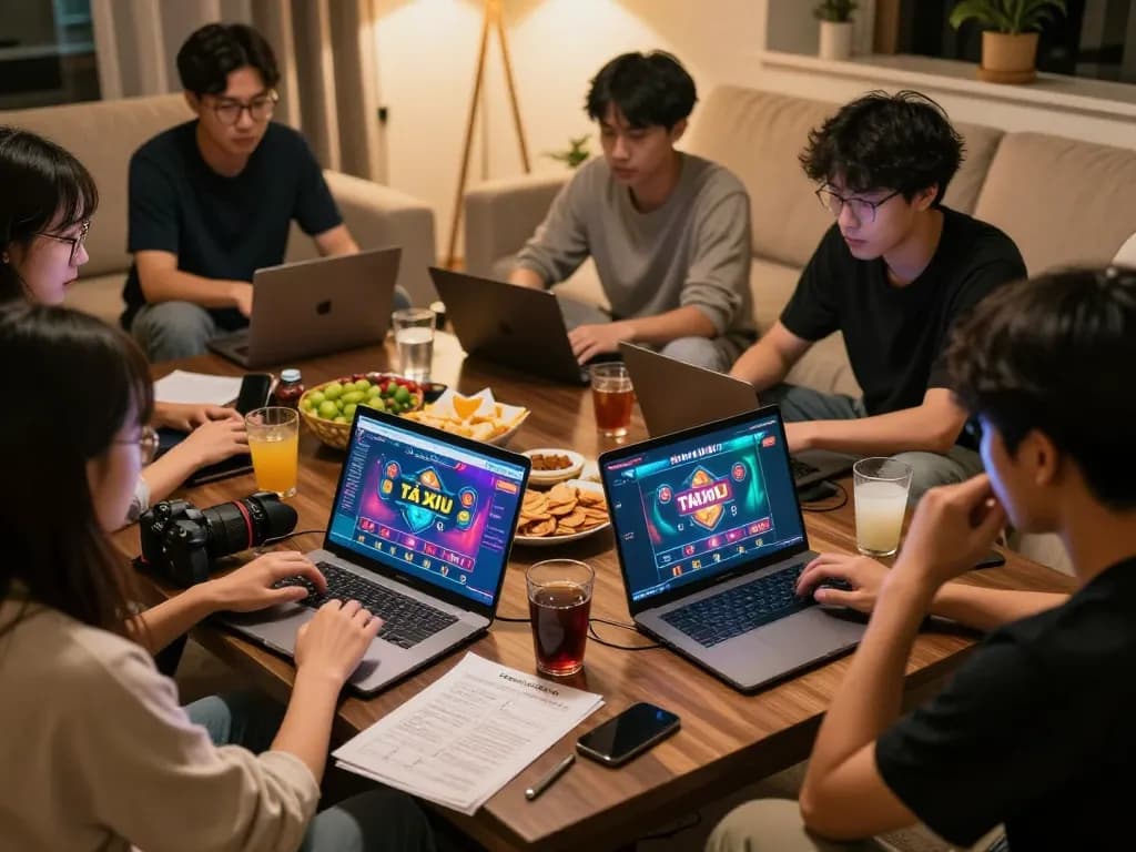 Tài Xỉu online gameplay on taixiuonline8 with friends enjoying a home gaming night.