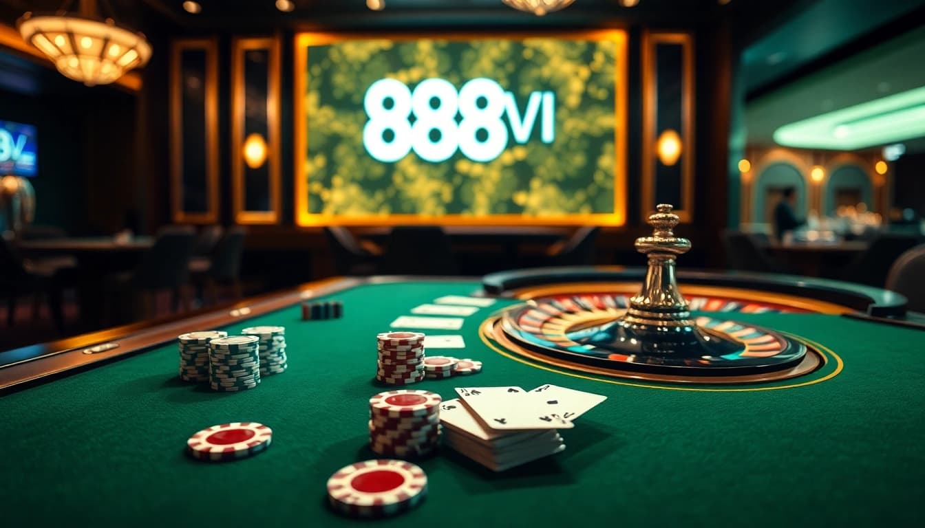 Experience thrilling gameplay at 888VI with luxurious poker tables and vibrant gambling atmosphere.